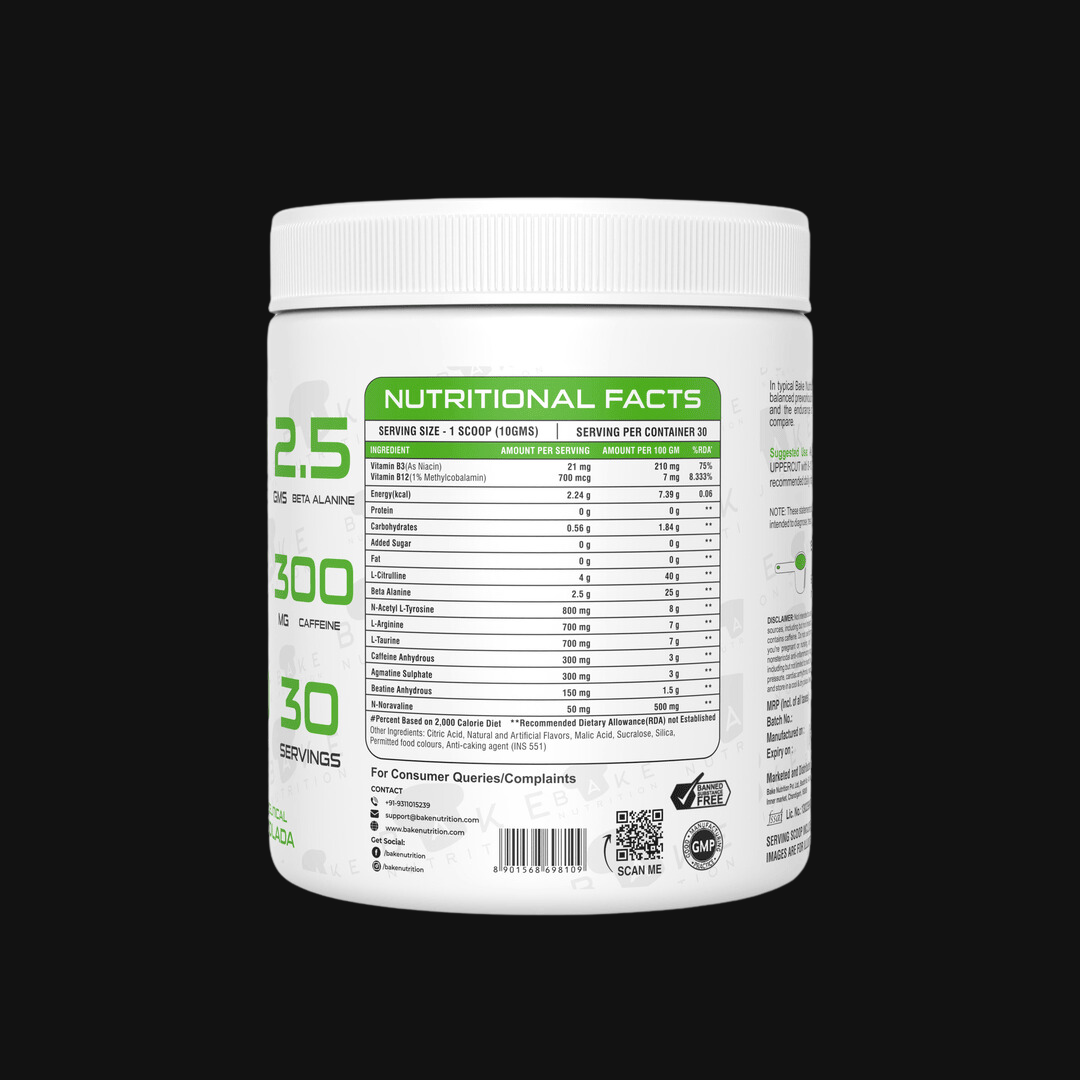 Bake Nutrition Upper Cut Pre workout | 4gms Citrulline | 300mg Caffeine | 2.5gms Beta Alanine |