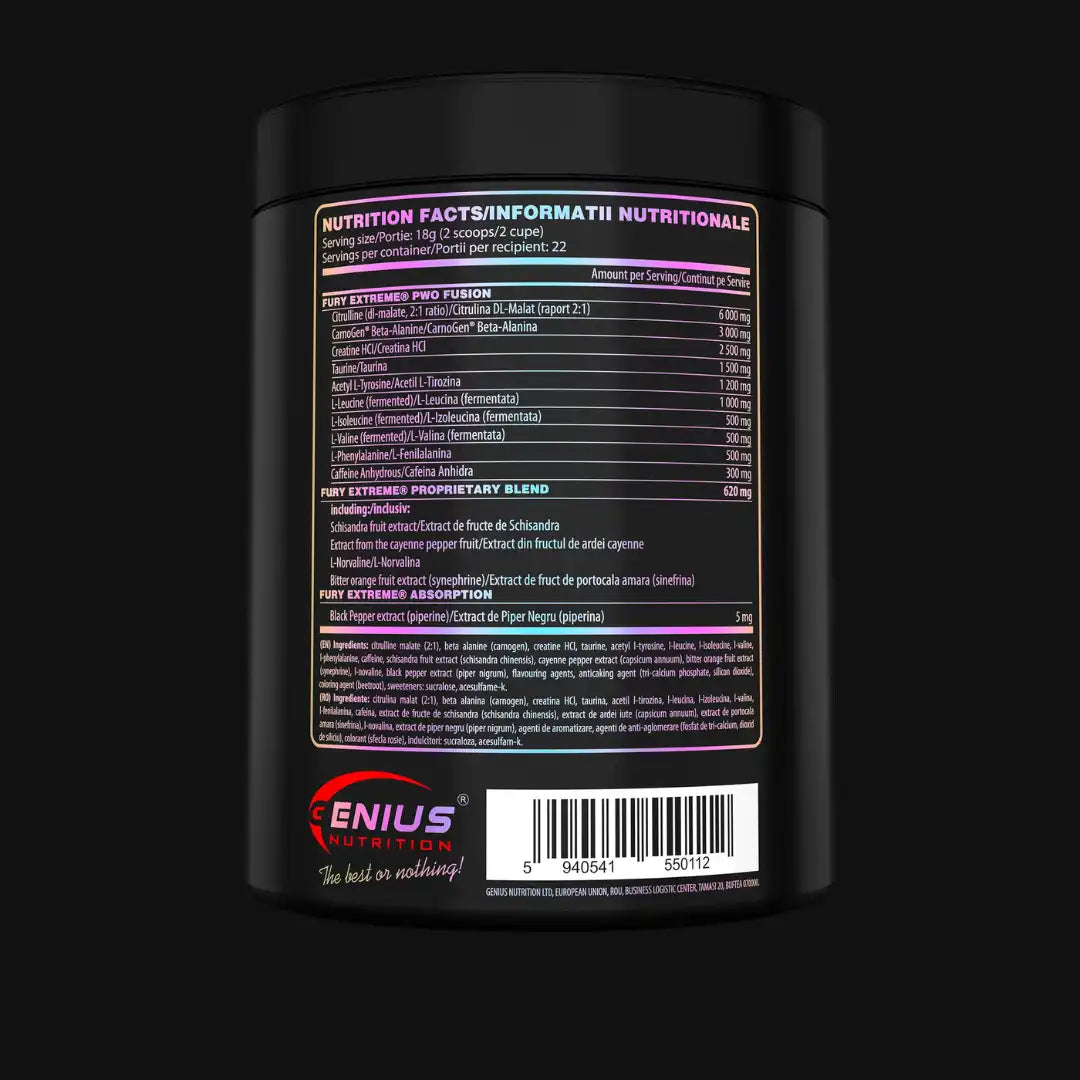 Genius Nutrition Fury Extreme | 6gms Citrulline Malate | CarnoGen® | Schisandra Chinesis |
