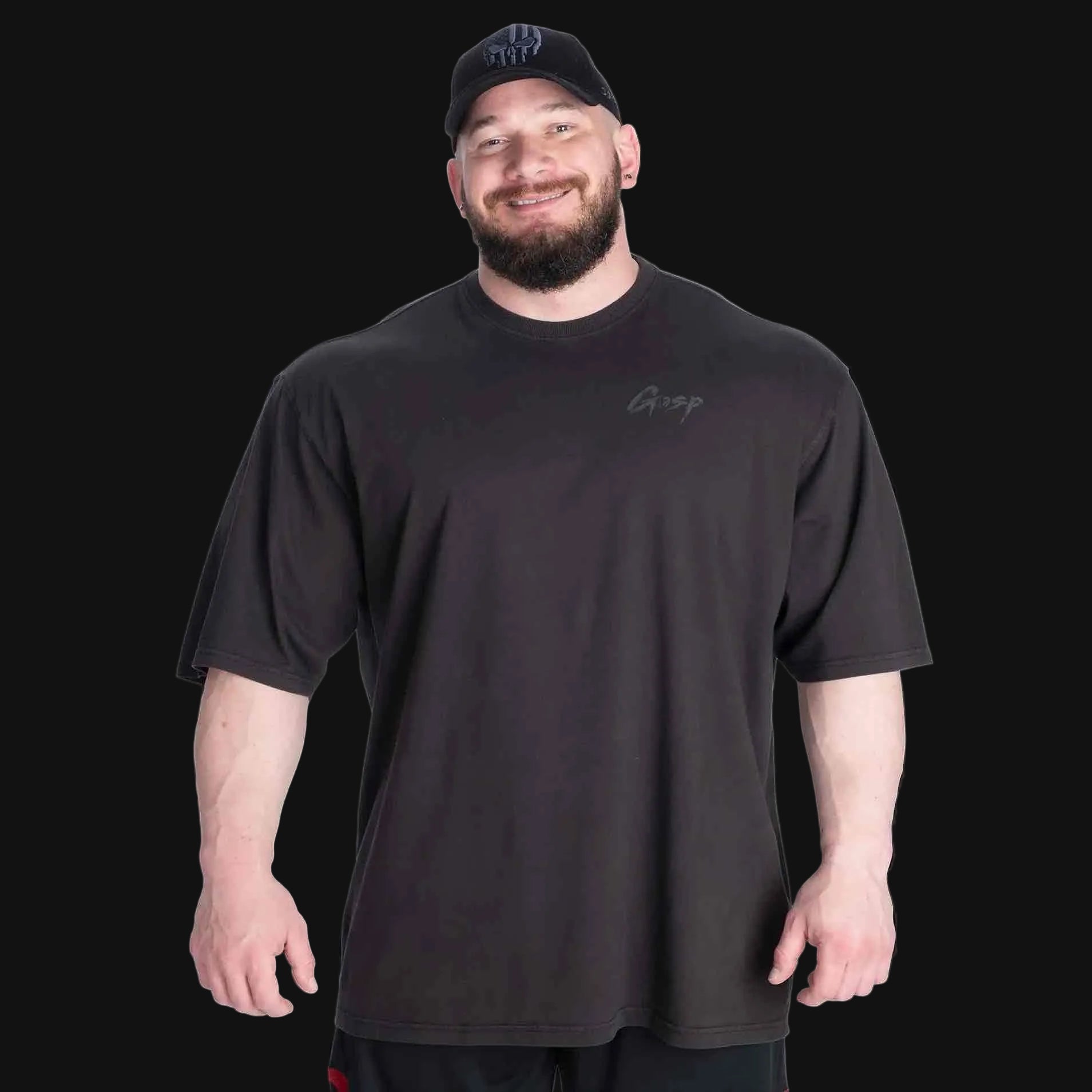 Man wearing a black t-shirt with a logo on a transparent background