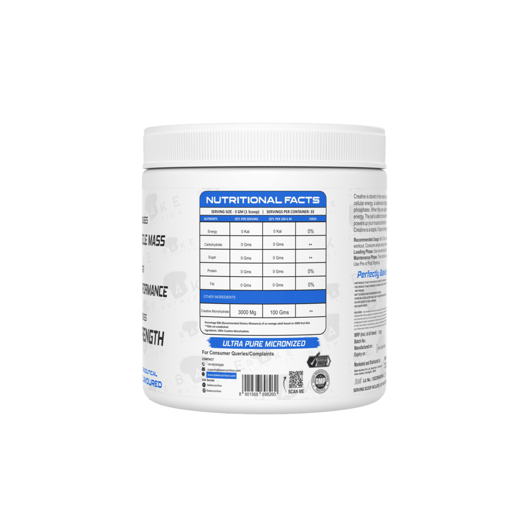 Bake Nutrition Creatine Monohydrate | 95% Purity | 100gms | 33 servings |